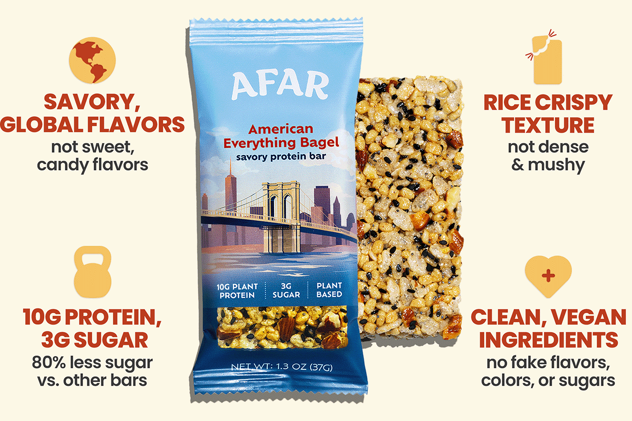 Afar American Everything Bagel savory protein bars have savory, global flavors (not sweet, candy flavors) and a light, crispy texture (not dense and mushy like other bars). Each one packs 10g protein and 3g sugar, 80% less sugar than other bars. They're made with clean, vegan ingredients and contain no artificial flavors or sweeteners.