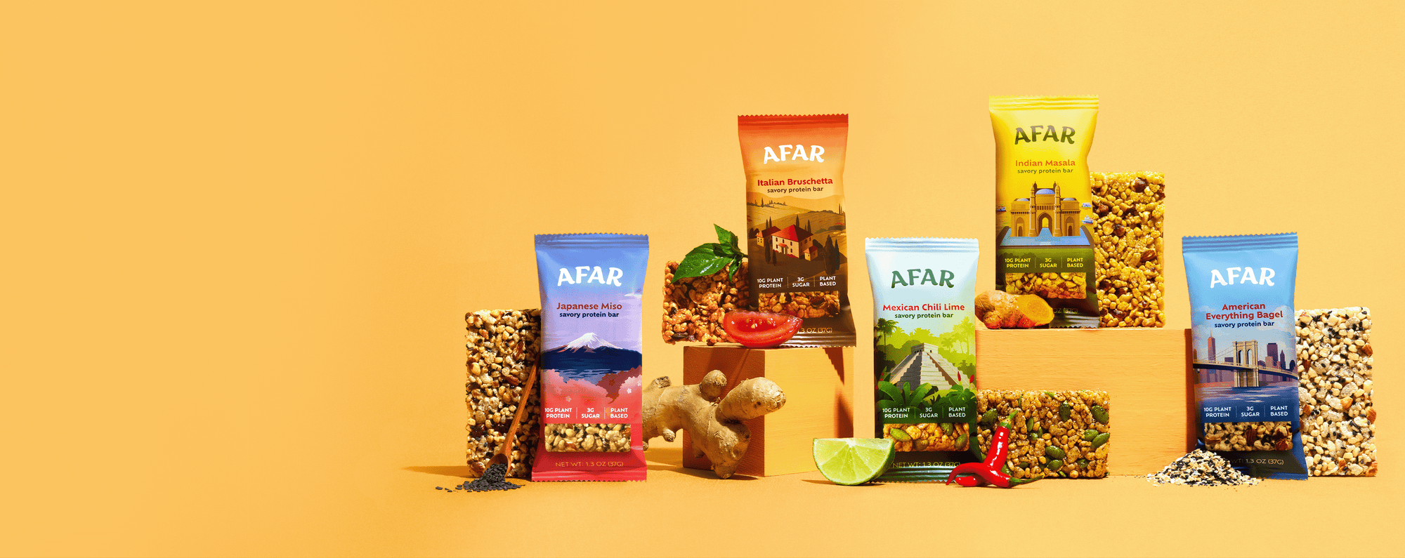 Afar savory protein bars with associated ingredients