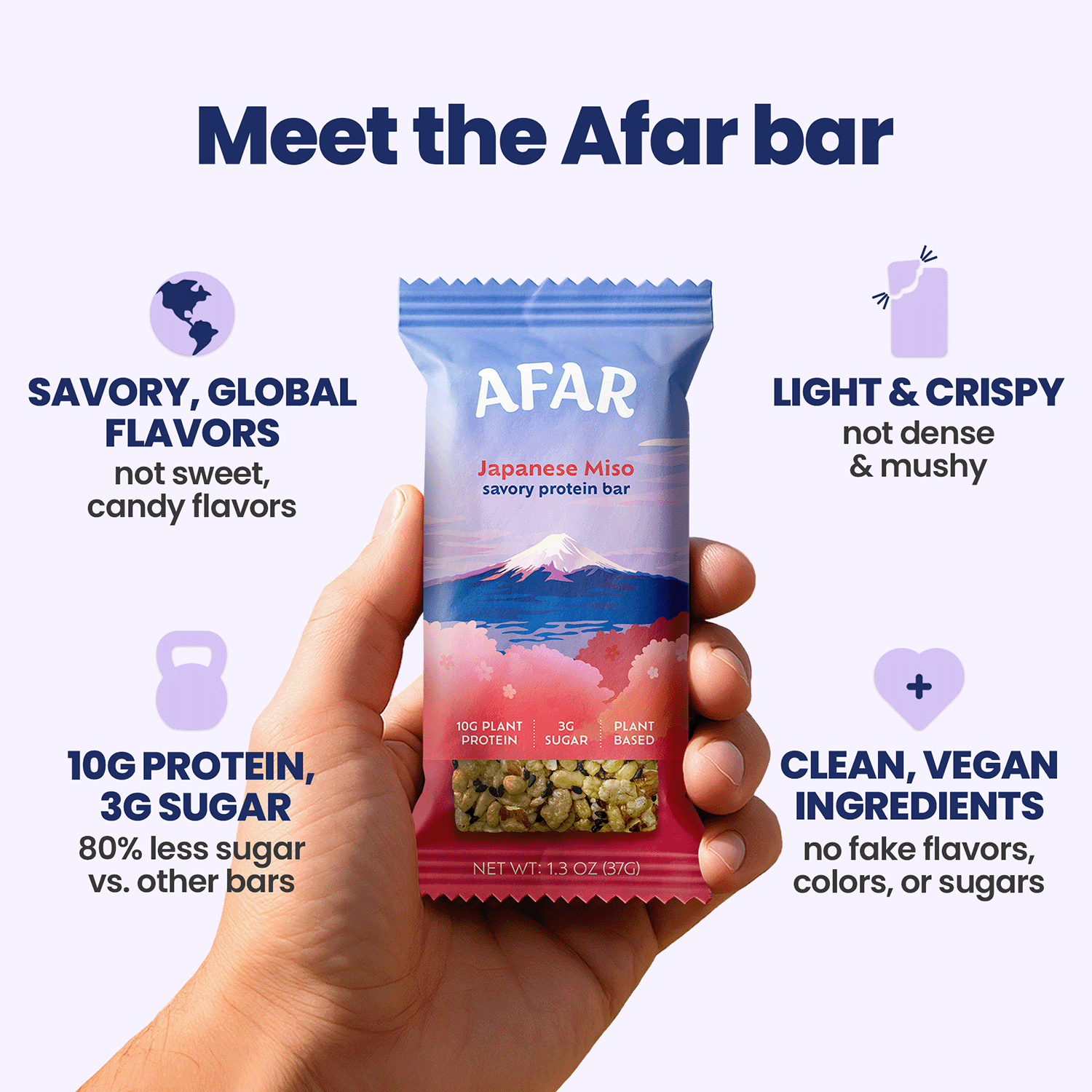 Afar Japanese Miso savory protein bar, product highlights: savory, global flavors; light & crispy texture; 10g protein  + 3g sugar; clean, vegan ingredients.