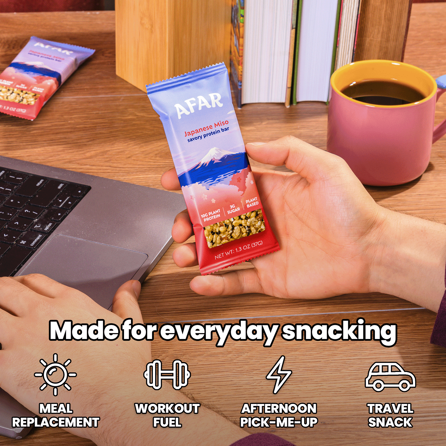 Afar Japanese Miso savory protein bars, made for everyday snacking: meal replacement, workout fuel, afternoon pick-me-up, travel snack