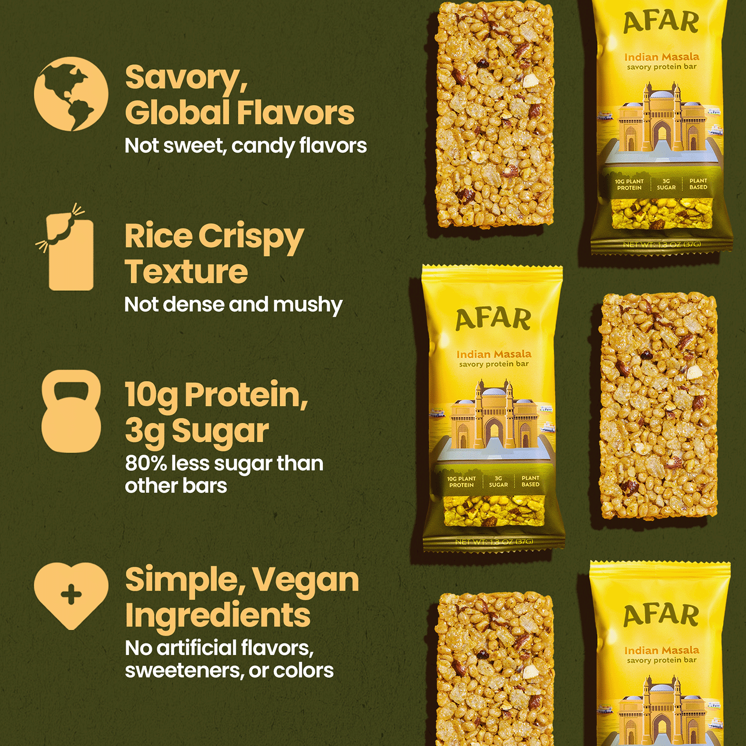 Afar savory protein bars - Indian Masala overview: savory global flavors, rice crispy texture, 10g protein + 3g sugar, simple vegan ingredients