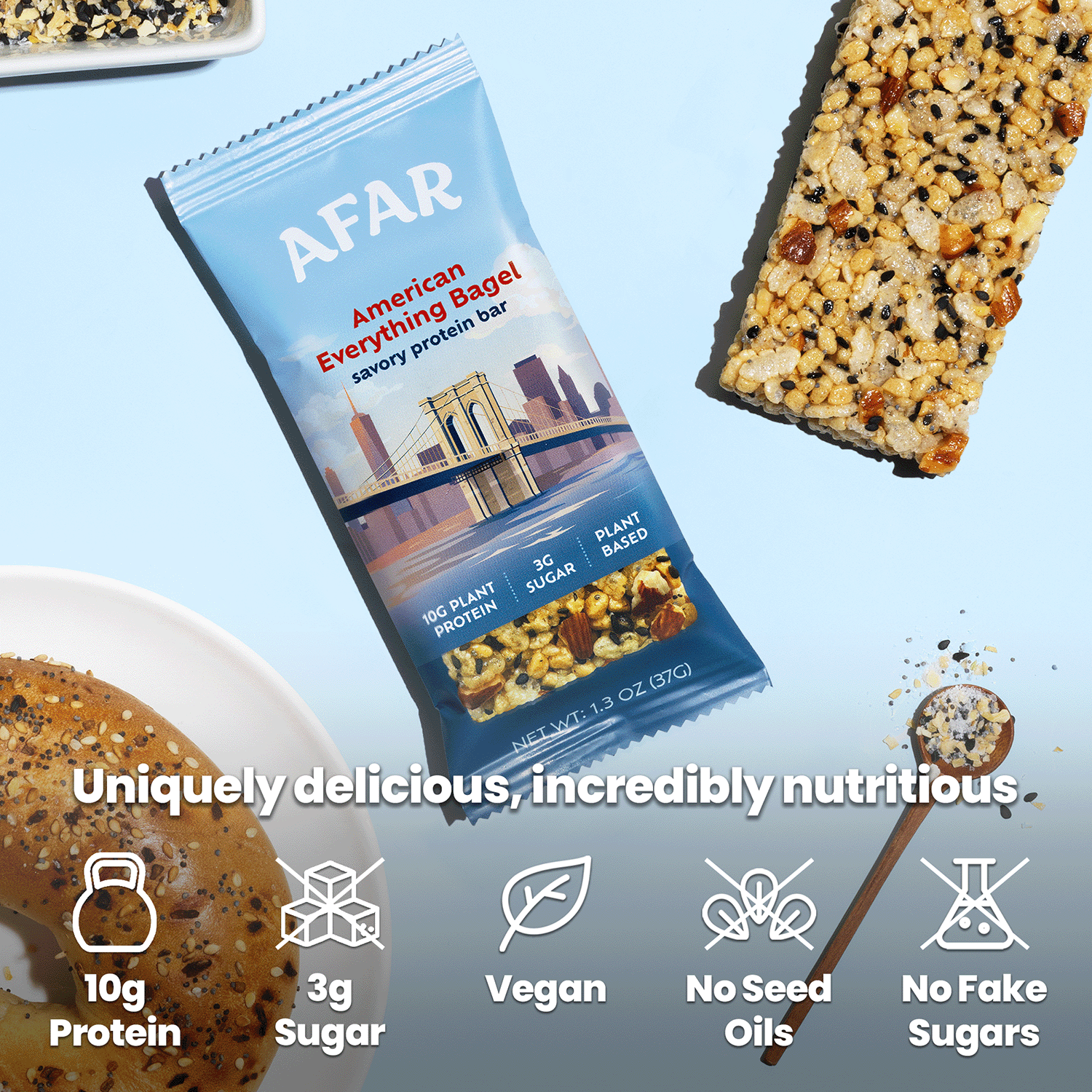Afar American Everything Bagel savory protein bar, nutritional highlights: 10g protein, 3g sugar, vegan, gluten free, no seed oils, no fake sugars