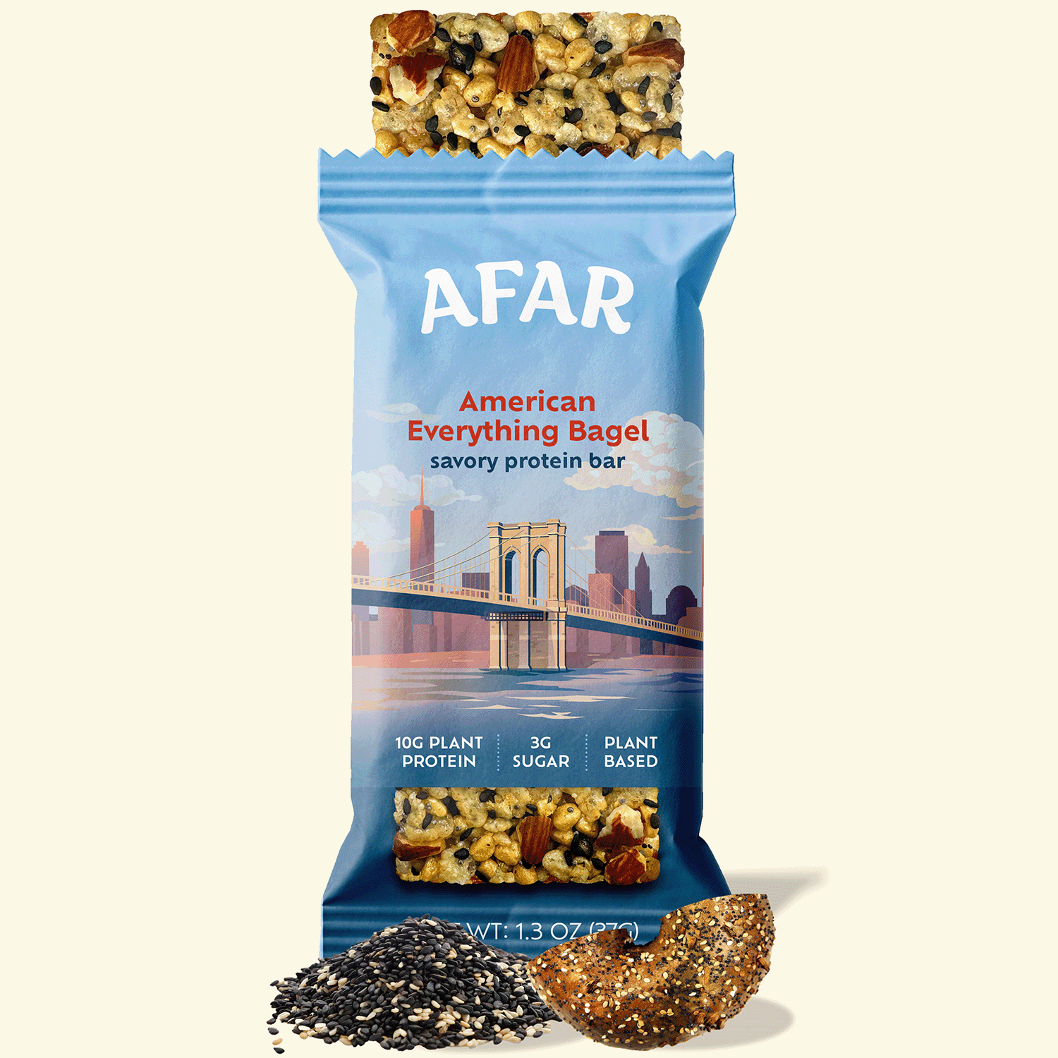 Afar American Everything Bagel savory protein bar with ingredients