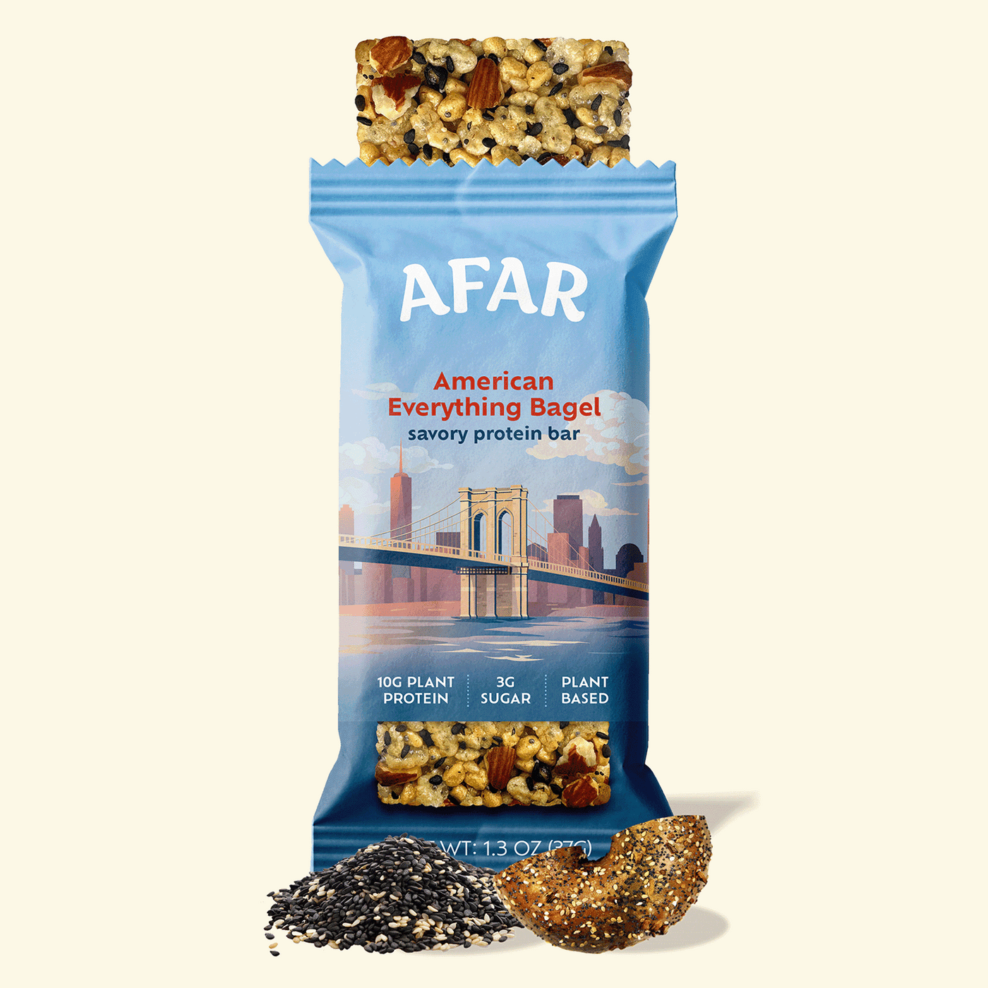 Afar American Everything Bagel savory protein bar with ingredients