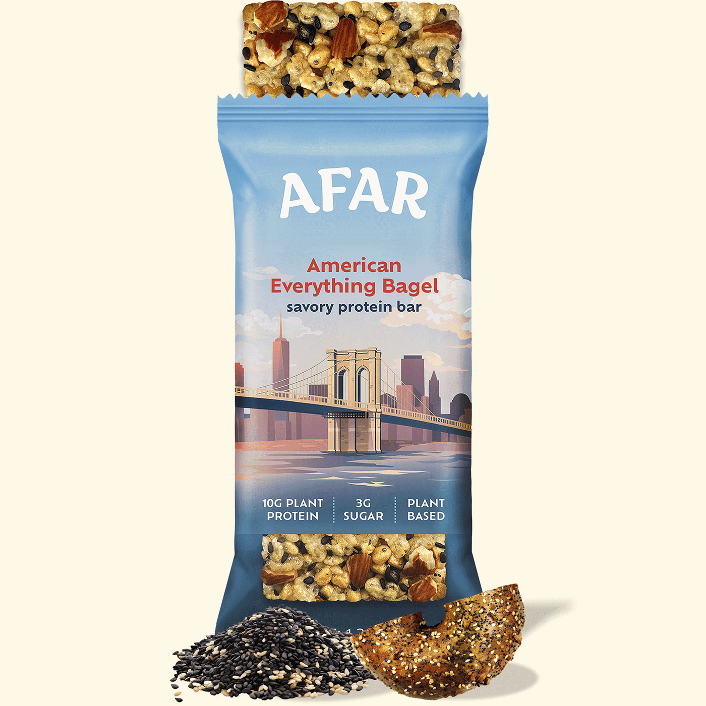 Afar American Everything Bagel savory protein bar with ingredients