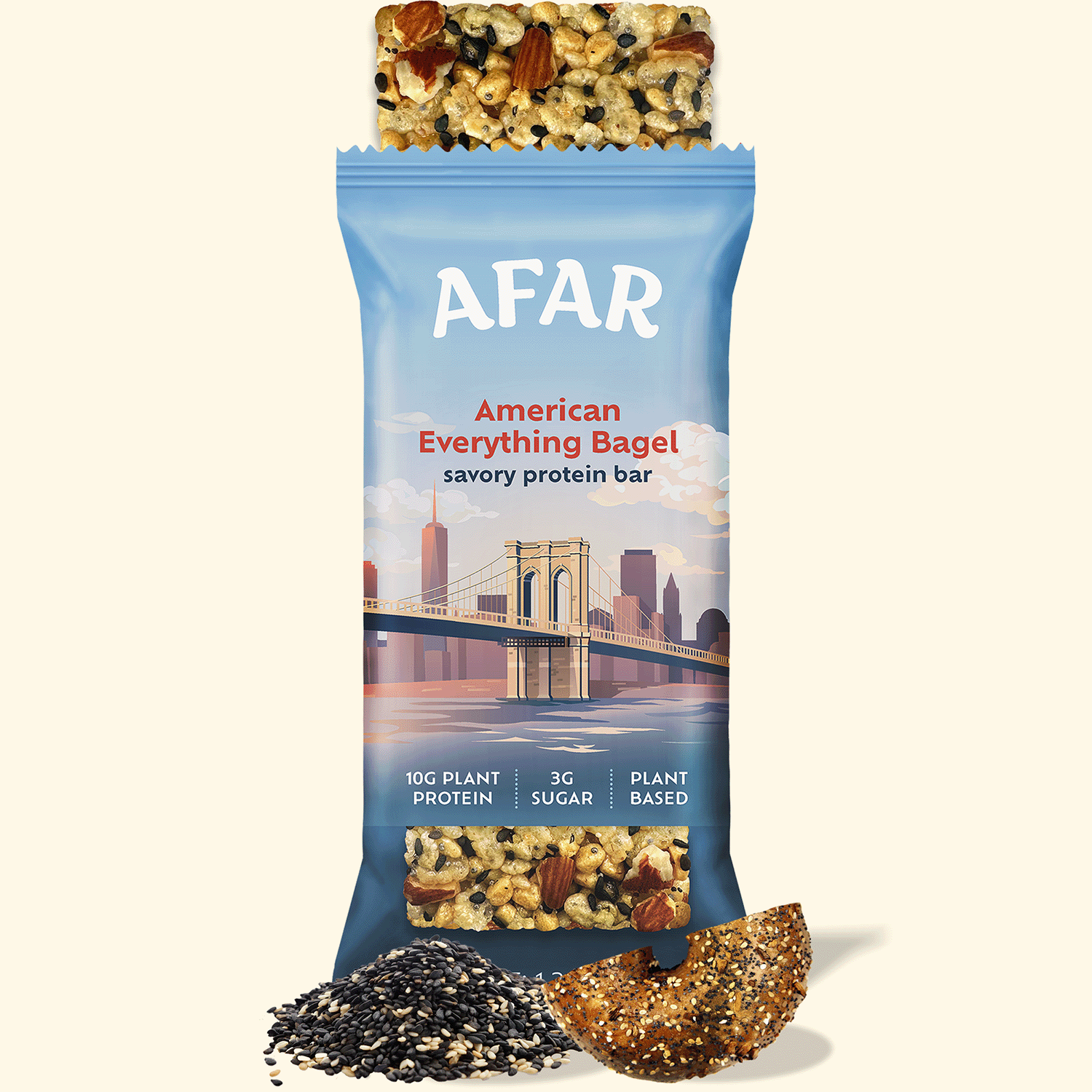 Afar American Everything Bagel savory protein bar with ingredients