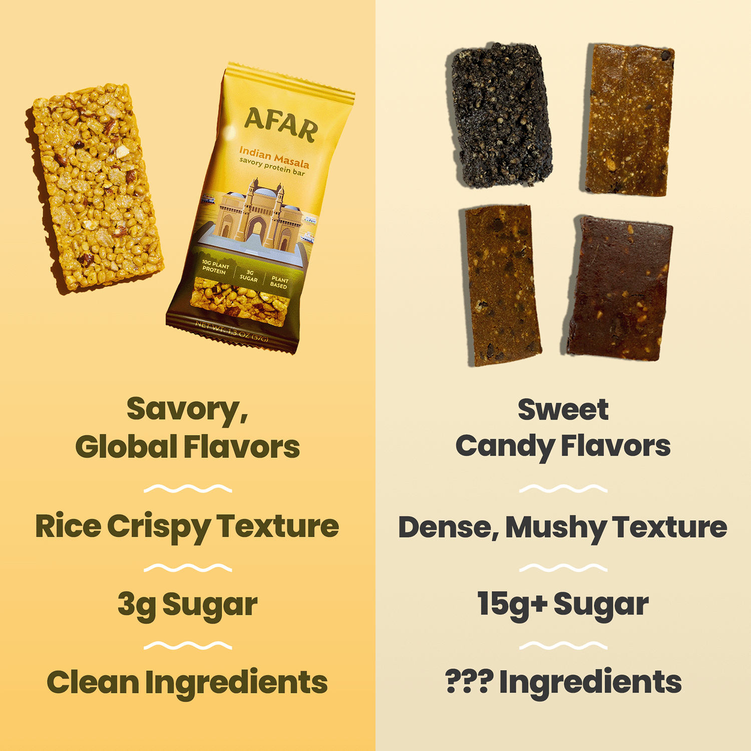 Afar Indian Masala savory protein bars vs. other bars. Savory, global flavors vs. sweet, candy flavors. Rice crispy texture vs. dense, mushy texture. 3g sugar vs. 15g+ sugar. Clean ingredients vs. ??? ingredients.