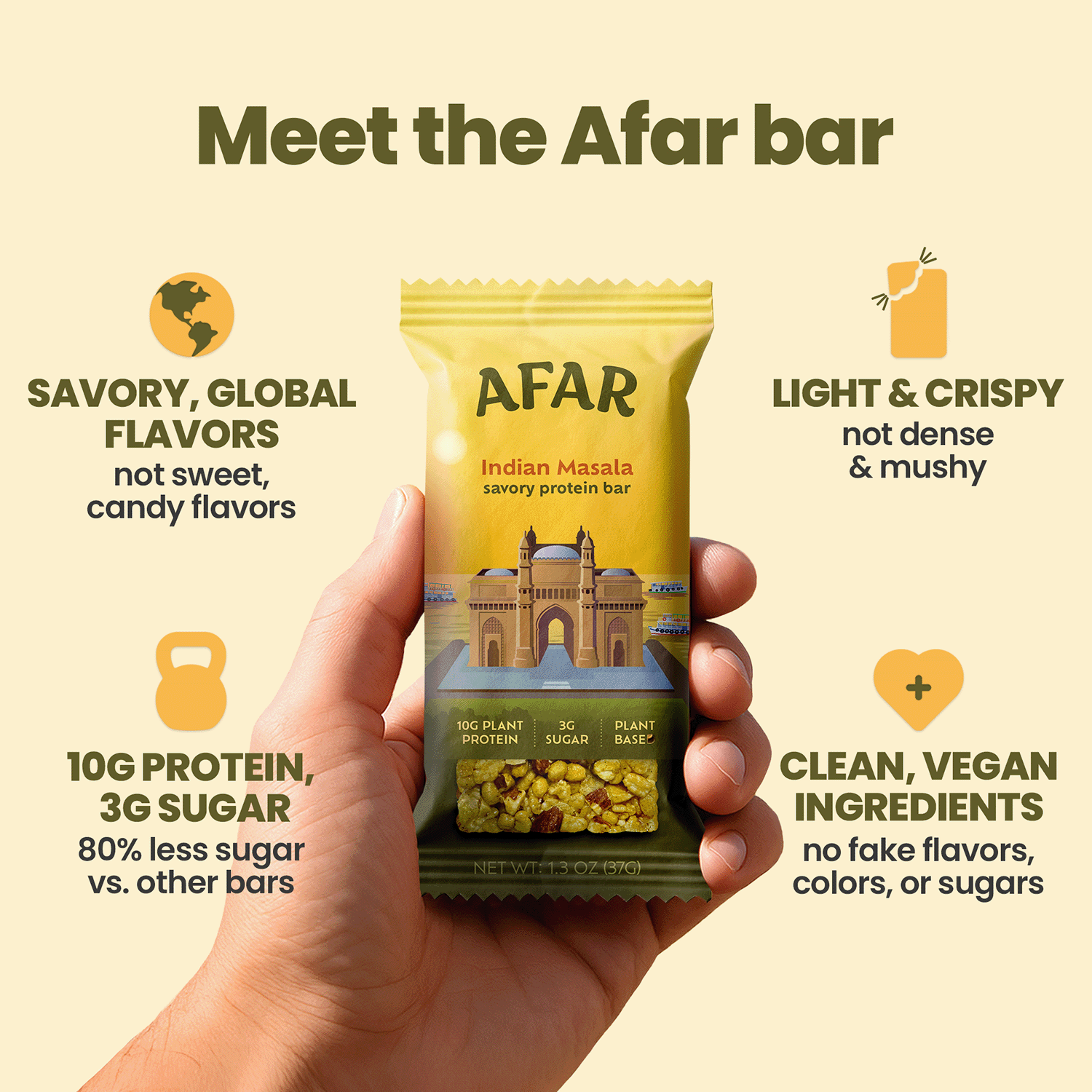 Afar Indian Masala savory protein bar, product highlights: savory, global flavors; light & crispy texture; 10g protein  + 3g sugar; clean, vegan ingredients.