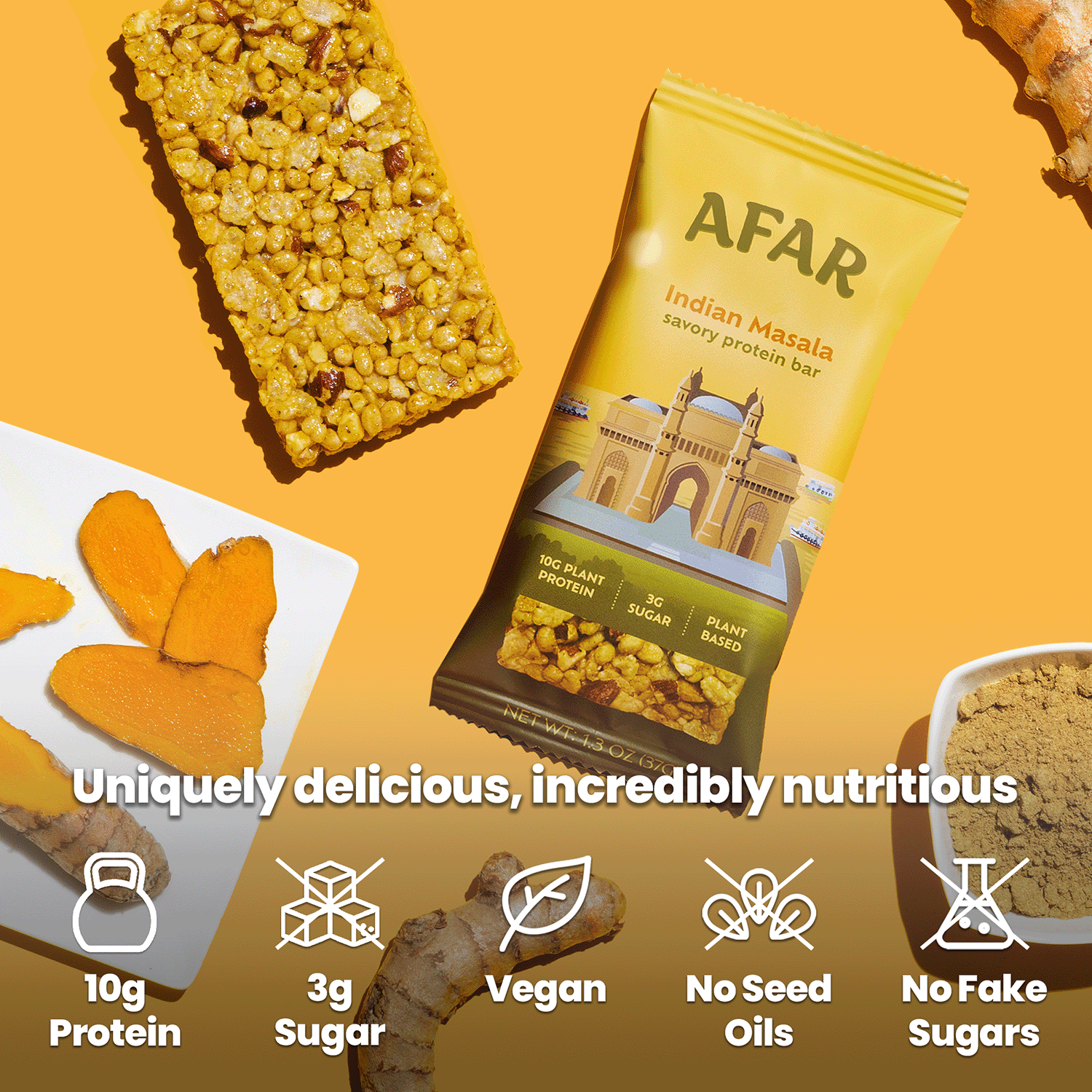 Afar Indian Masala savory protein bar, product highlights: 10g protein, 3g sugar, vegan, gluten free, no seed oils, no fake sugars