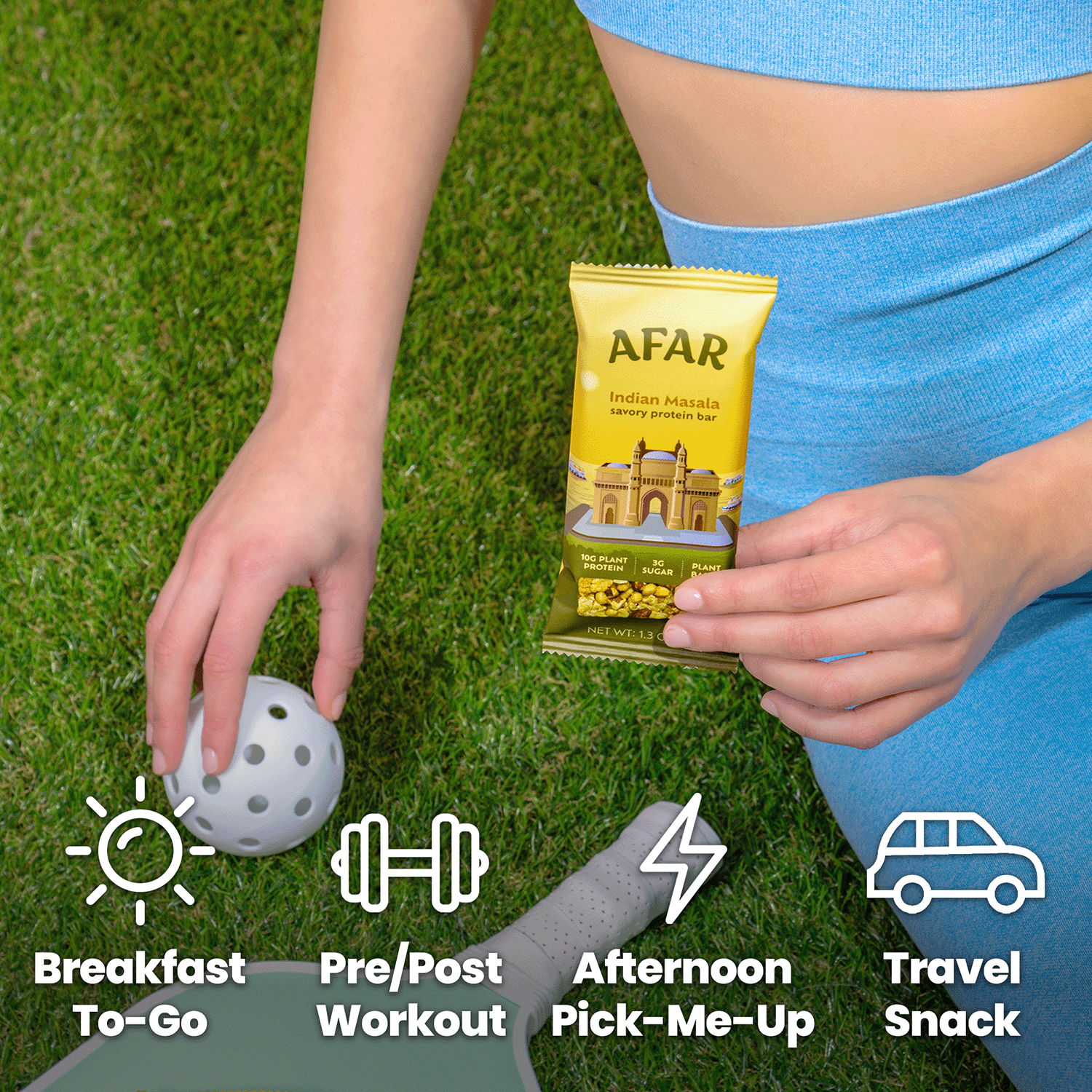 Afar Indian Masala savory protein bars, ways to snack: breakfast to-go, pre/post workout, afternoon pick-me-up, travel snack