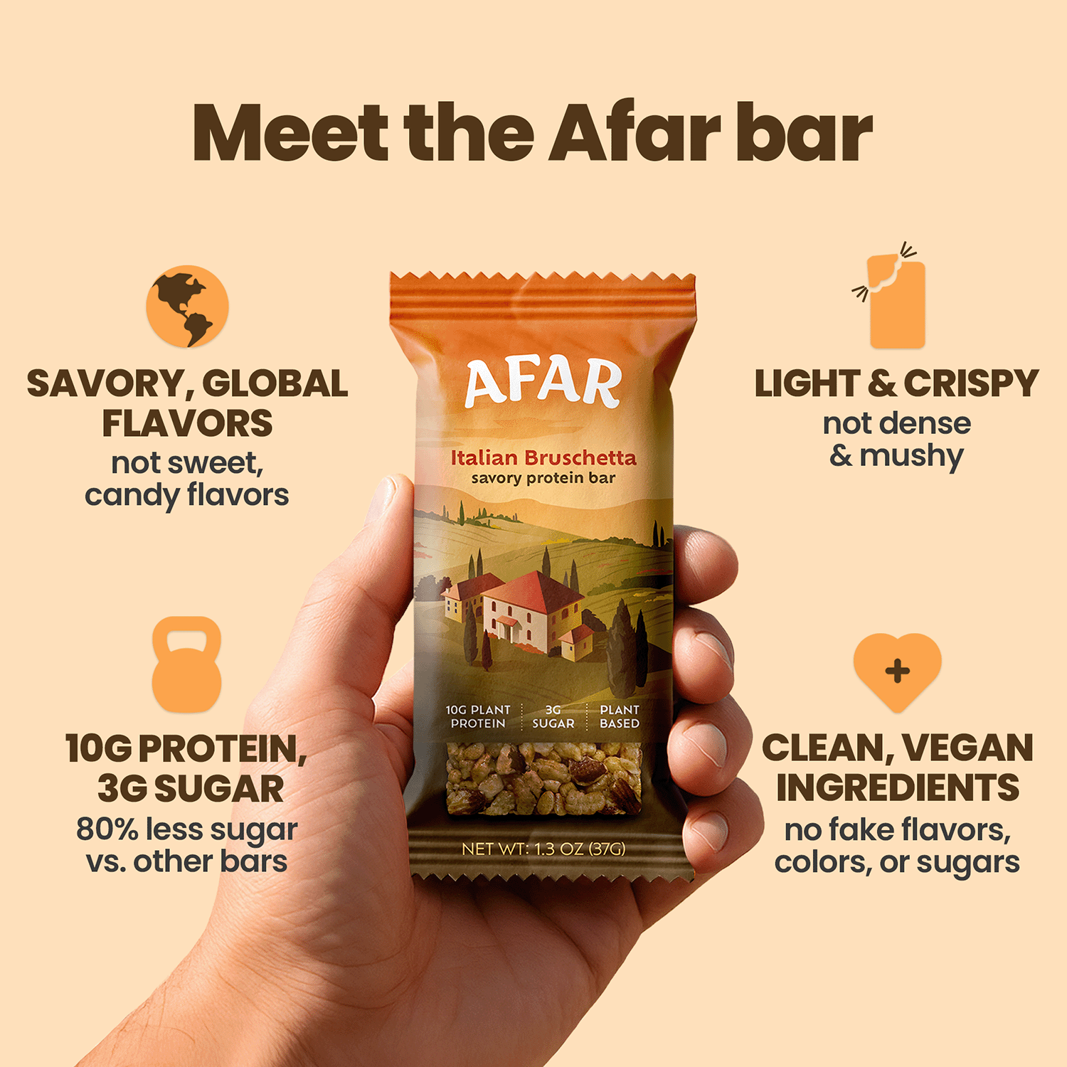 Afar Italian Bruschetta savory protein bar, product highlights: savory, global flavors; light & crispy texture; 10g protein  + 3g sugar; clean, vegan ingredients.