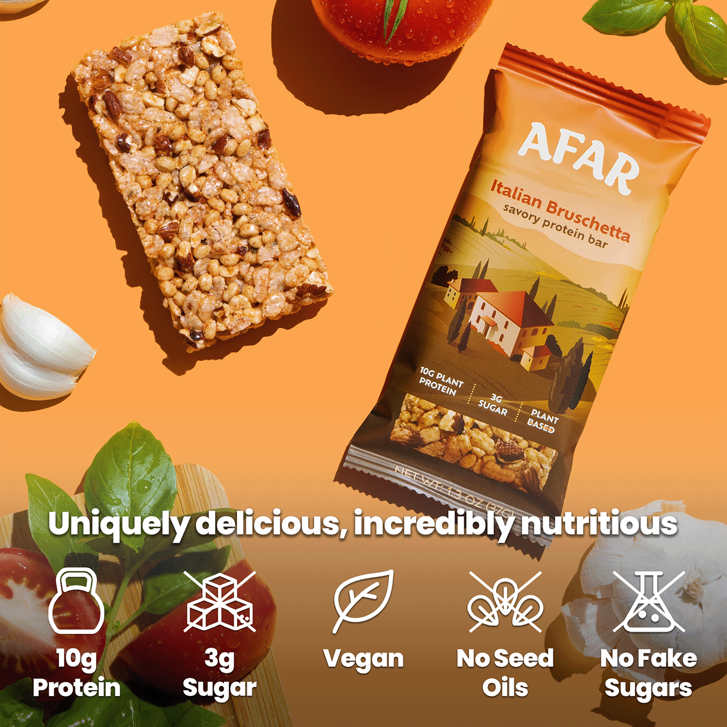 Afar Italian Bruschetta savory protein bar, product highlights: 10g protein, 3g sugar, vegan, gluten free, no seed oils, no fake sugars