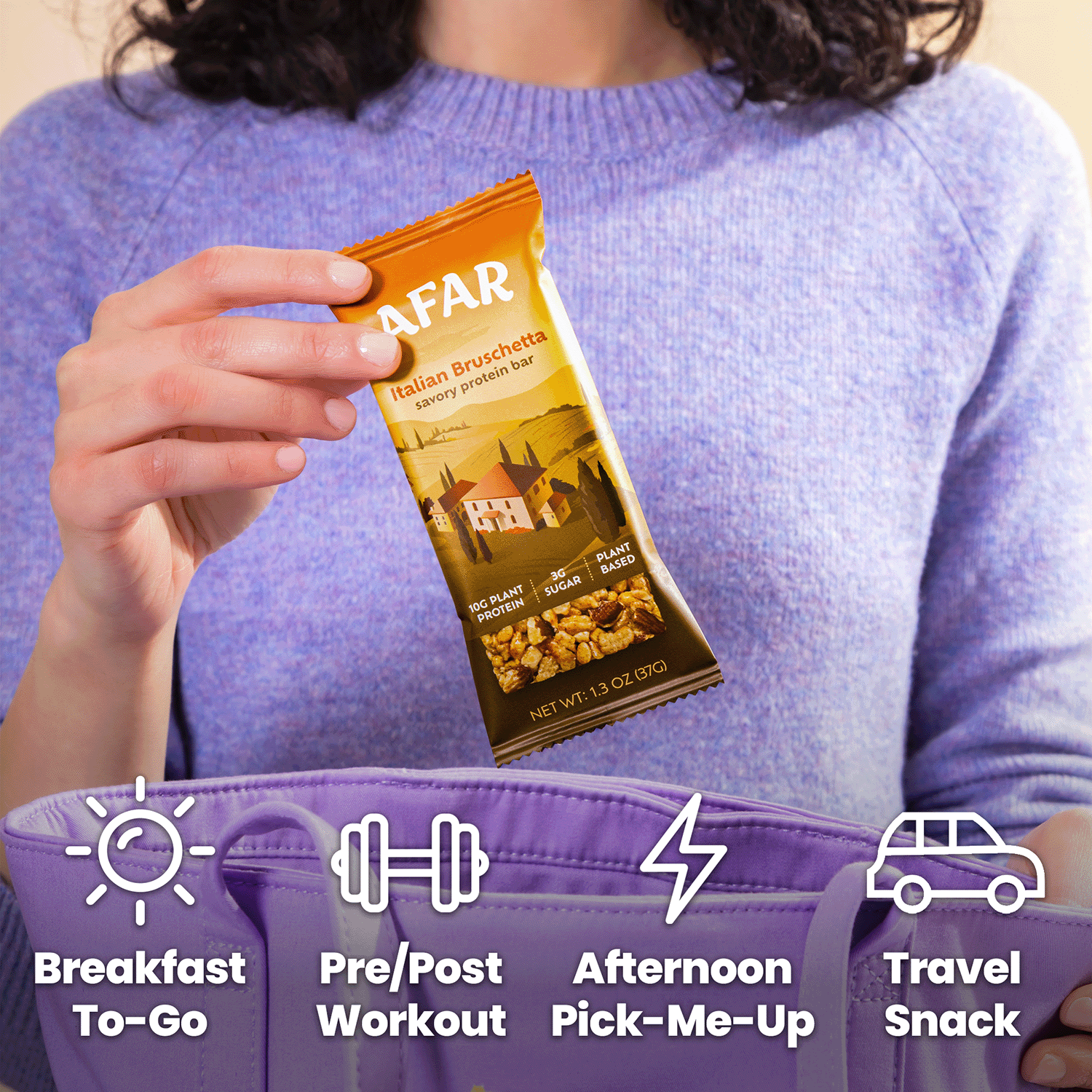 Afar Italian Bruschetta savory protein bar, ways to snack: breakfast to-go, pre/post workout, afternoon pick-me-up, travel snack