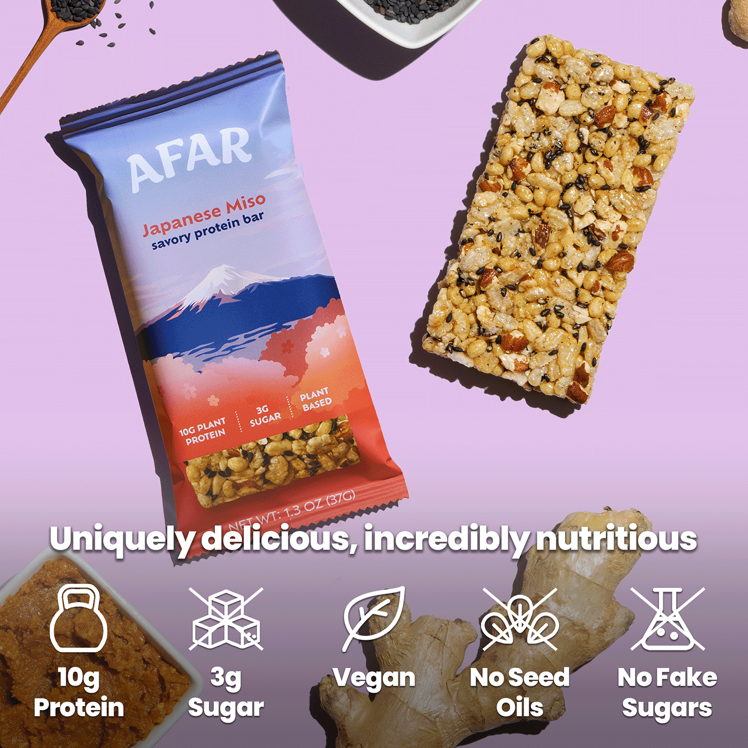 Afar Japanese Miso savory protein bar, product highlights: 10g protein, 3g sugar, vegan, gluten free, no seed oils, no fake sugars