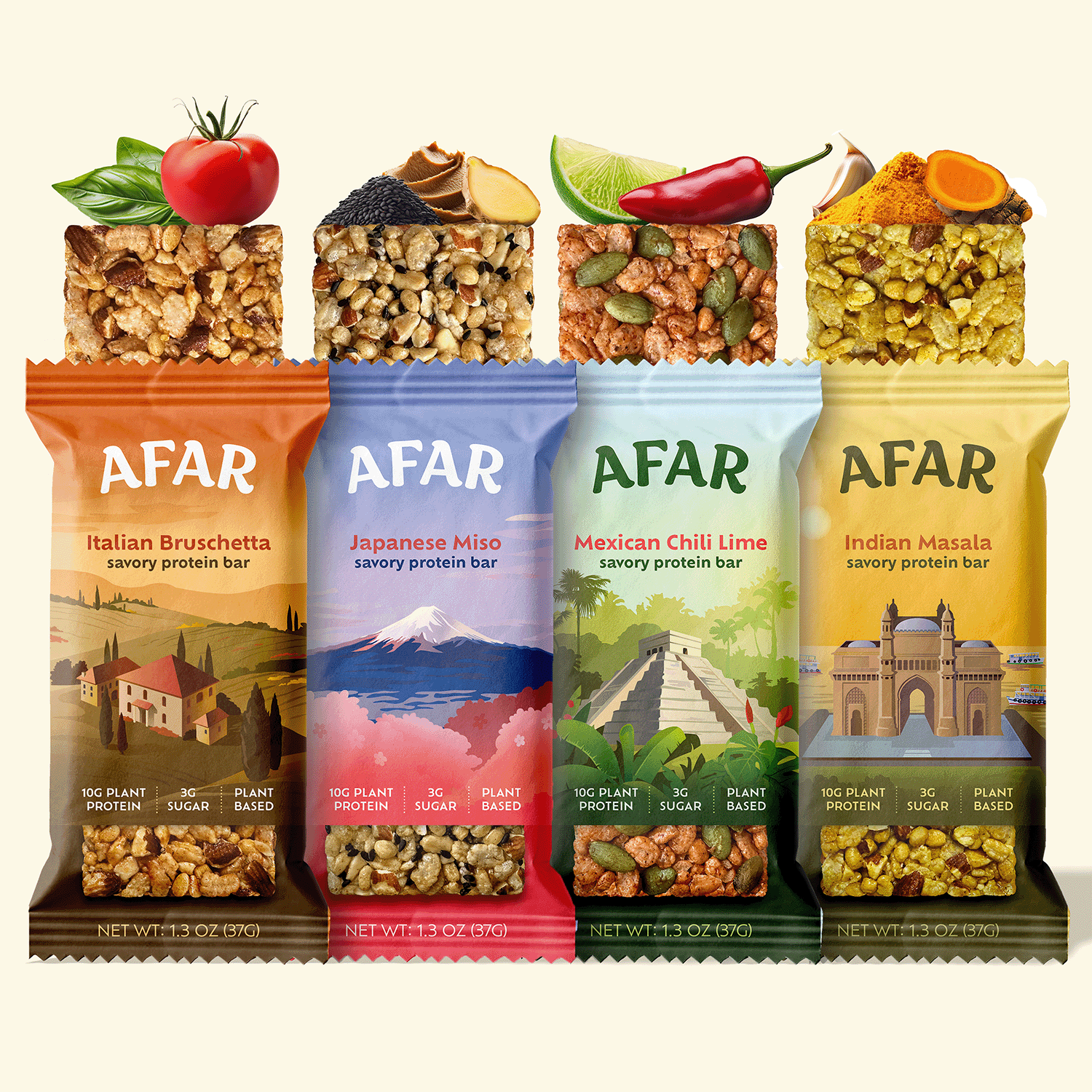 Variety pack of Afar savory protein bars with ingredients
