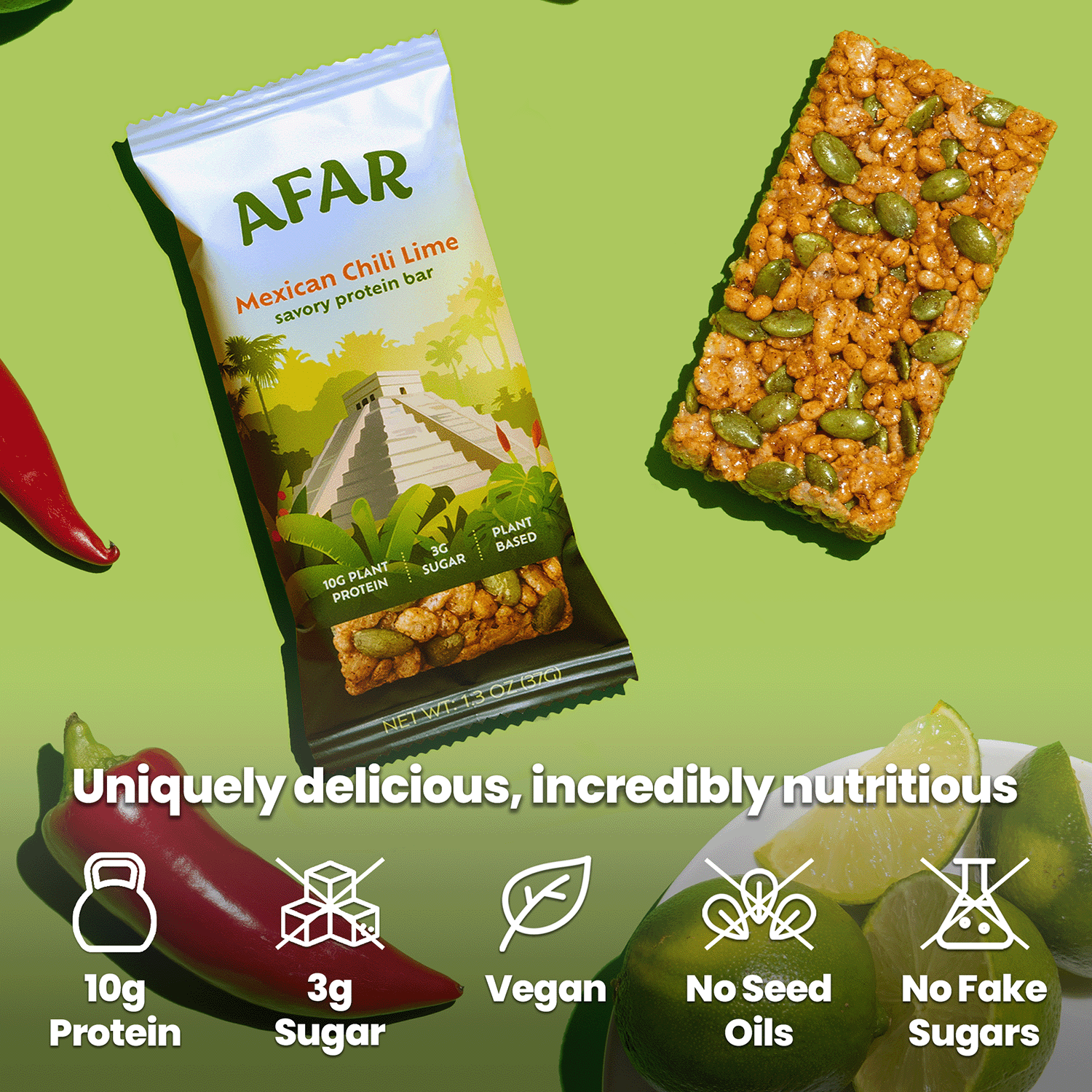 Afar Mexican Chili Lime savory protein bars, product highlights: 10g protein, 3g sugar, vegan, gluten free, no seed oils, no fake sugars