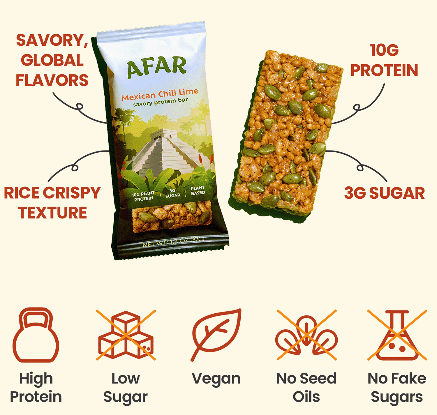 Afar Mexican Chili Lime savory protein bar overview - savory global flavors, rice crispy texture, 10g protein, and 3g sugar. Also, they're vegan with no seed oils or fake sugars.