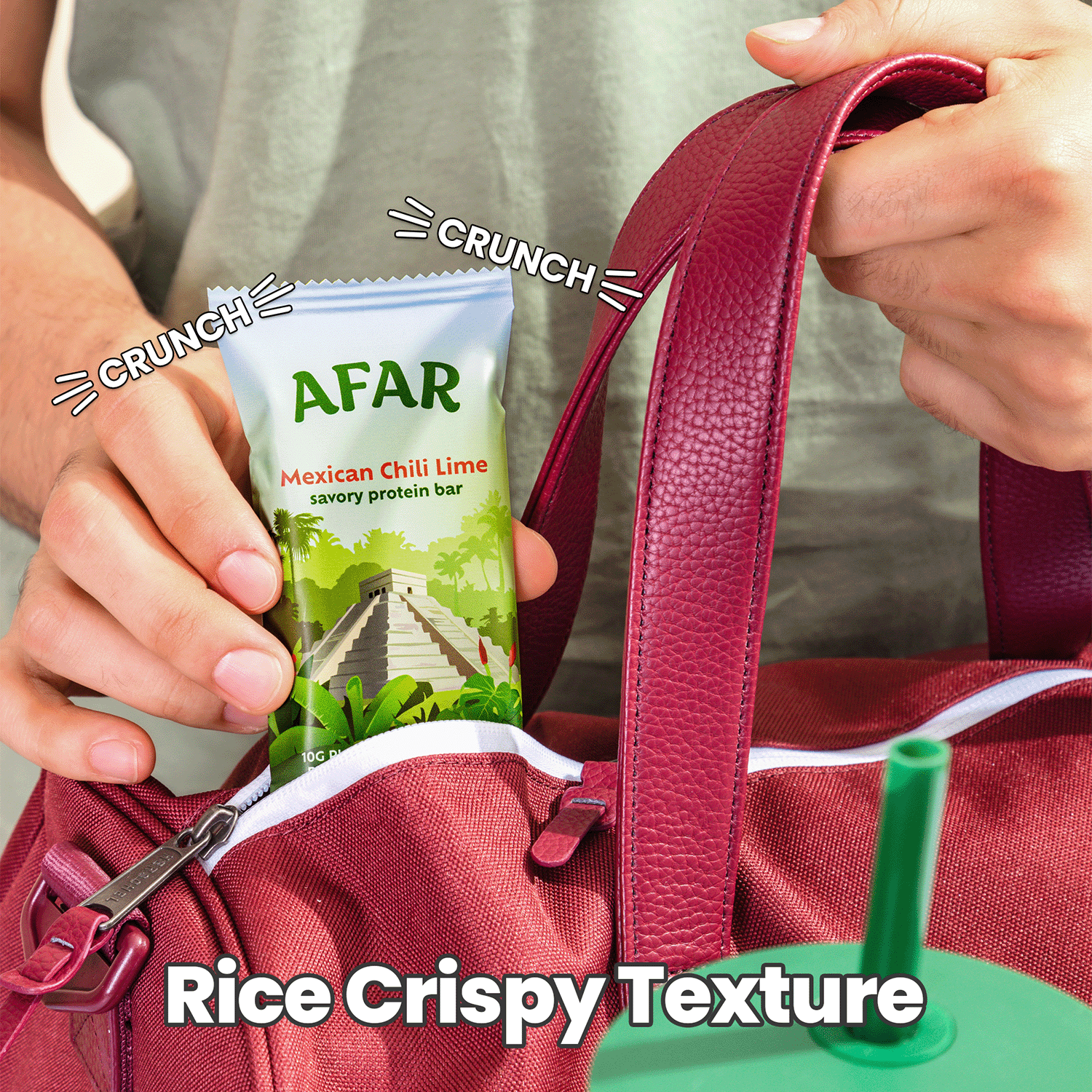 Afar Mexican Chili Lime savory protein bar, texture - light and crispy like a rice crispy treat