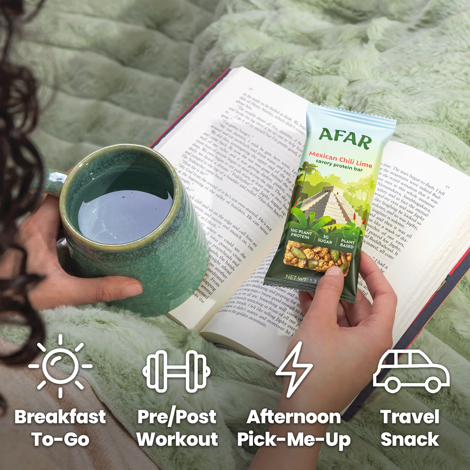 Afar Mexican Chili Lime savory protein bars, ways to snack: breakfast to-go, pre/post workout, afternoon pick-me-up, travel snack