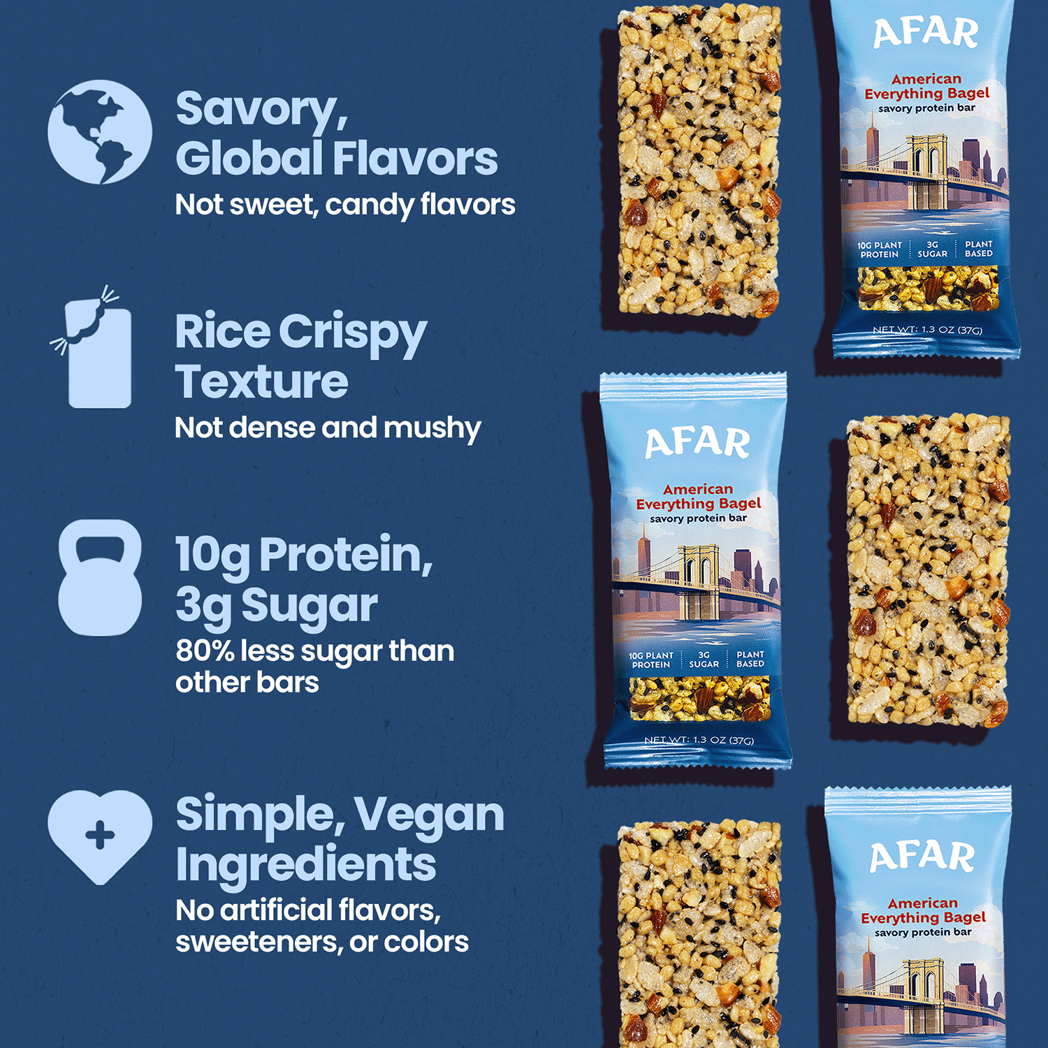 Afar savory protein bars - American Everything Bagel overview: savory global flavors, rice crispy texture, 10g protein + 3g sugar, simple vegan ingredients