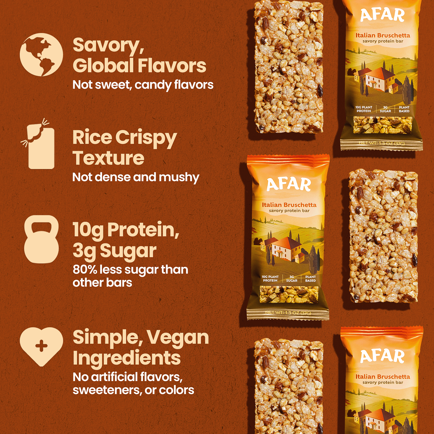 Afar savory protein bars - Italian Bruschetta overview: savory global flavors, rice crispy texture, 10g protein + 3g sugar, simple vegan ingredients