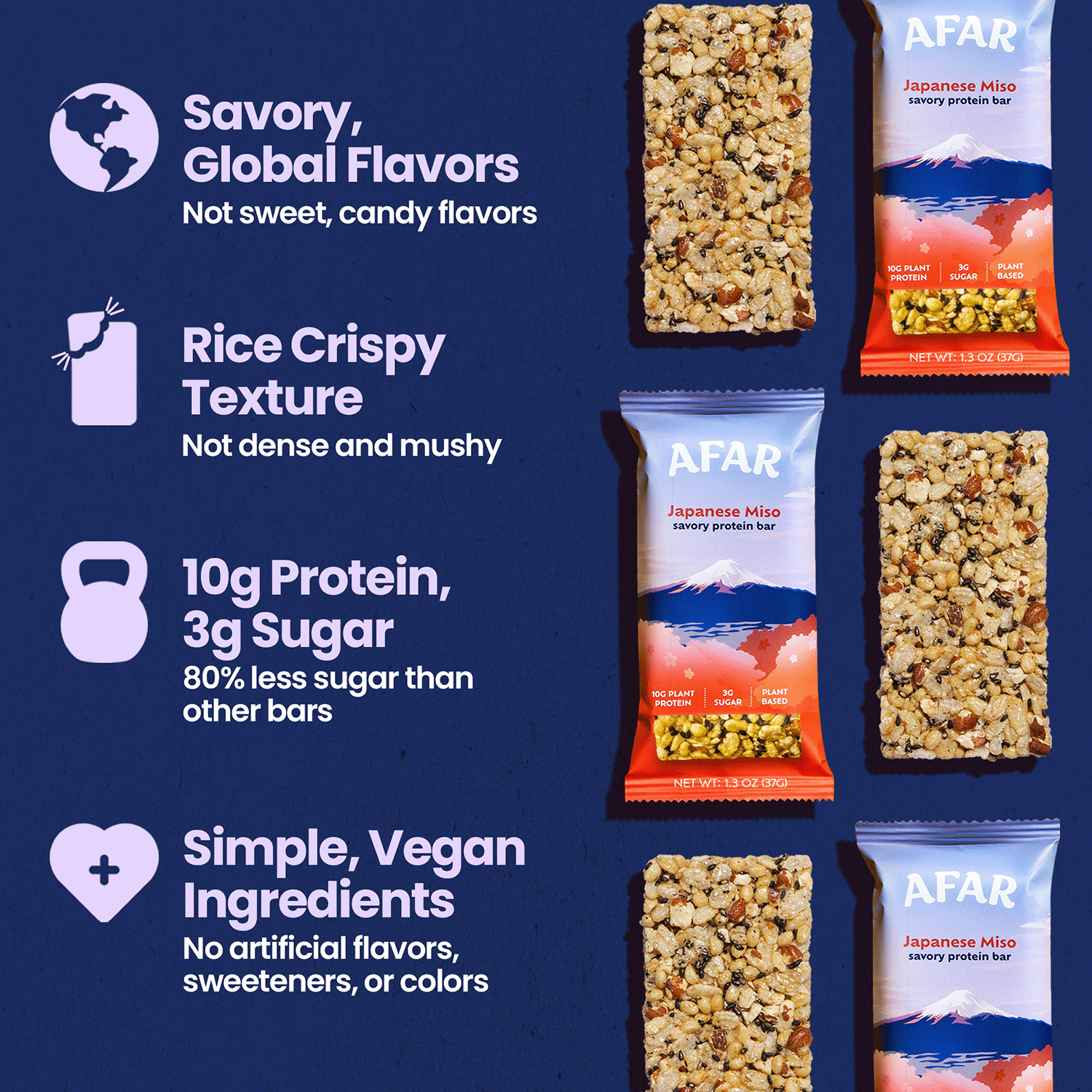 Afar savory protein bars - Japanese Miso overview: savory global flavors, rice crispy texture, 10g protein + 3g sugar, simple vegan ingredients