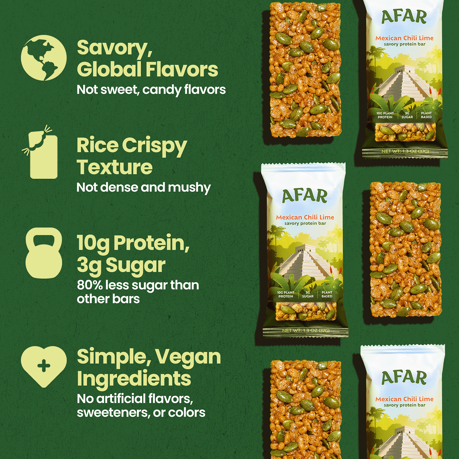 Afar savory protein bars - Mexican Chili Lime overview: savory global flavors, rice crispy texture, 10g protein + 3g sugar, simple vegan ingredients