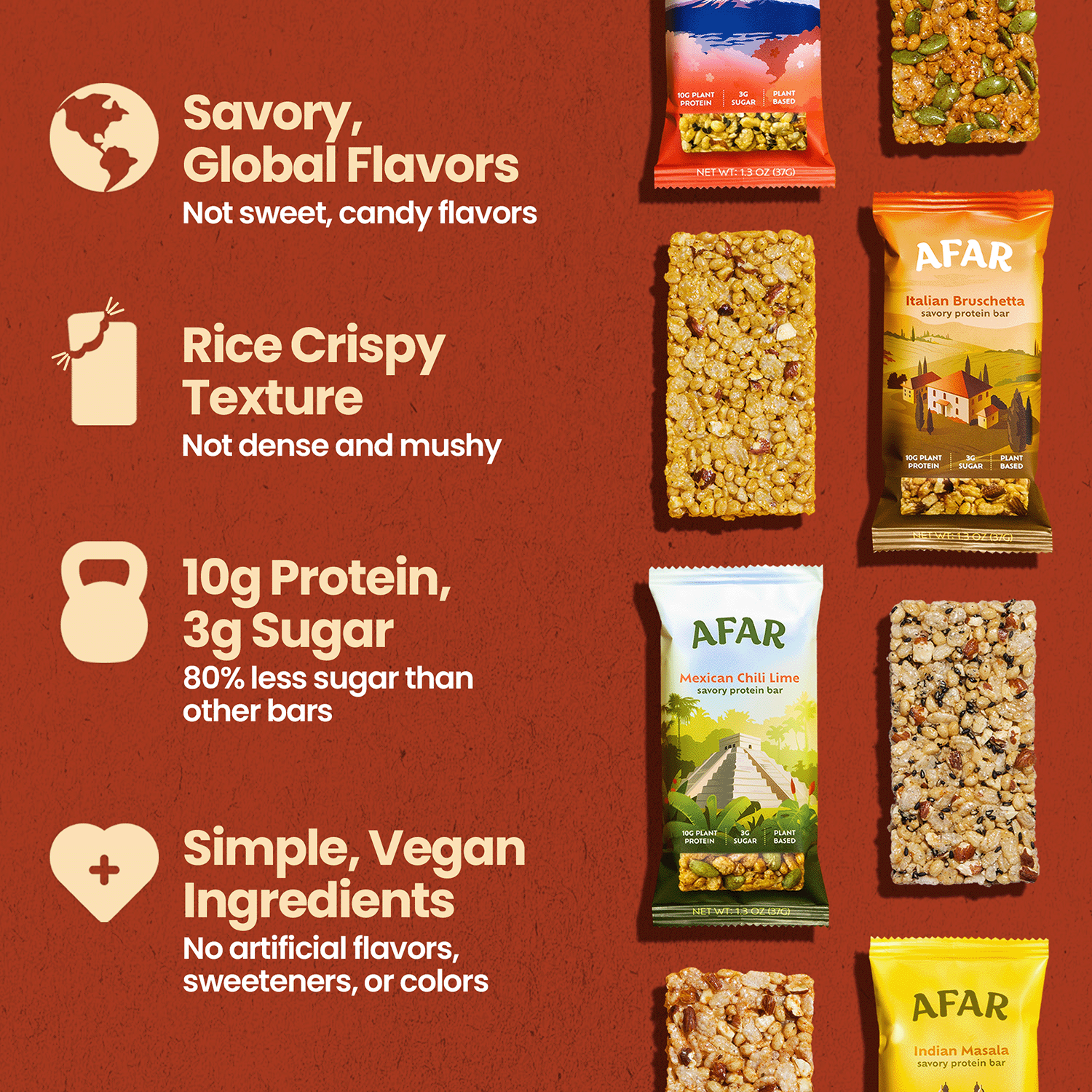 Afar savory protein bars - The Jetsetter Pack overview: savory global flavors, rice crispy texture, 10g protein + 3g sugar, simple vegan ingredients