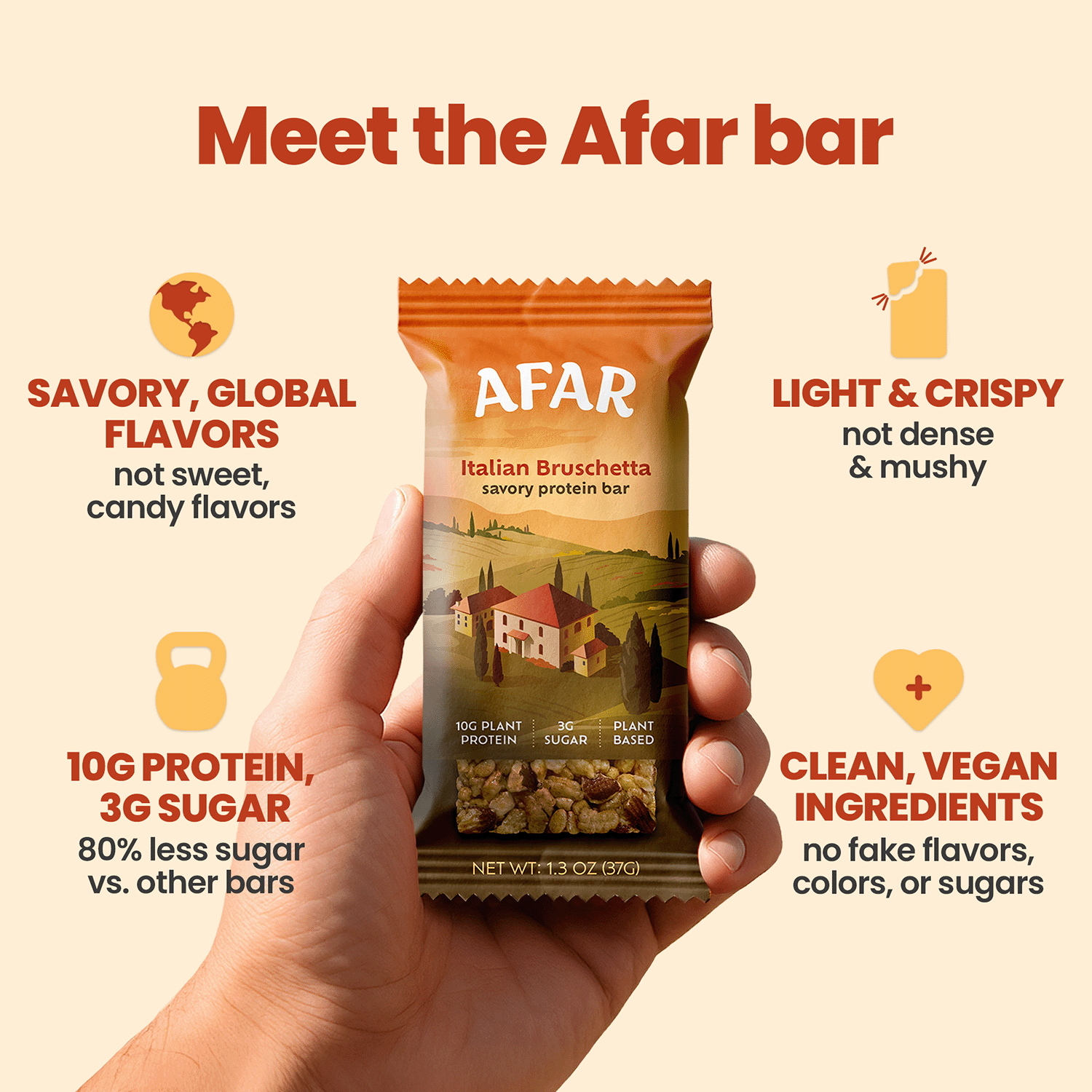 Afar Variety Pack savory protein bar, product highlights: savory, global flavors; light & crispy texture; 10g protein  + 3g sugar; clean, vegan ingredients.