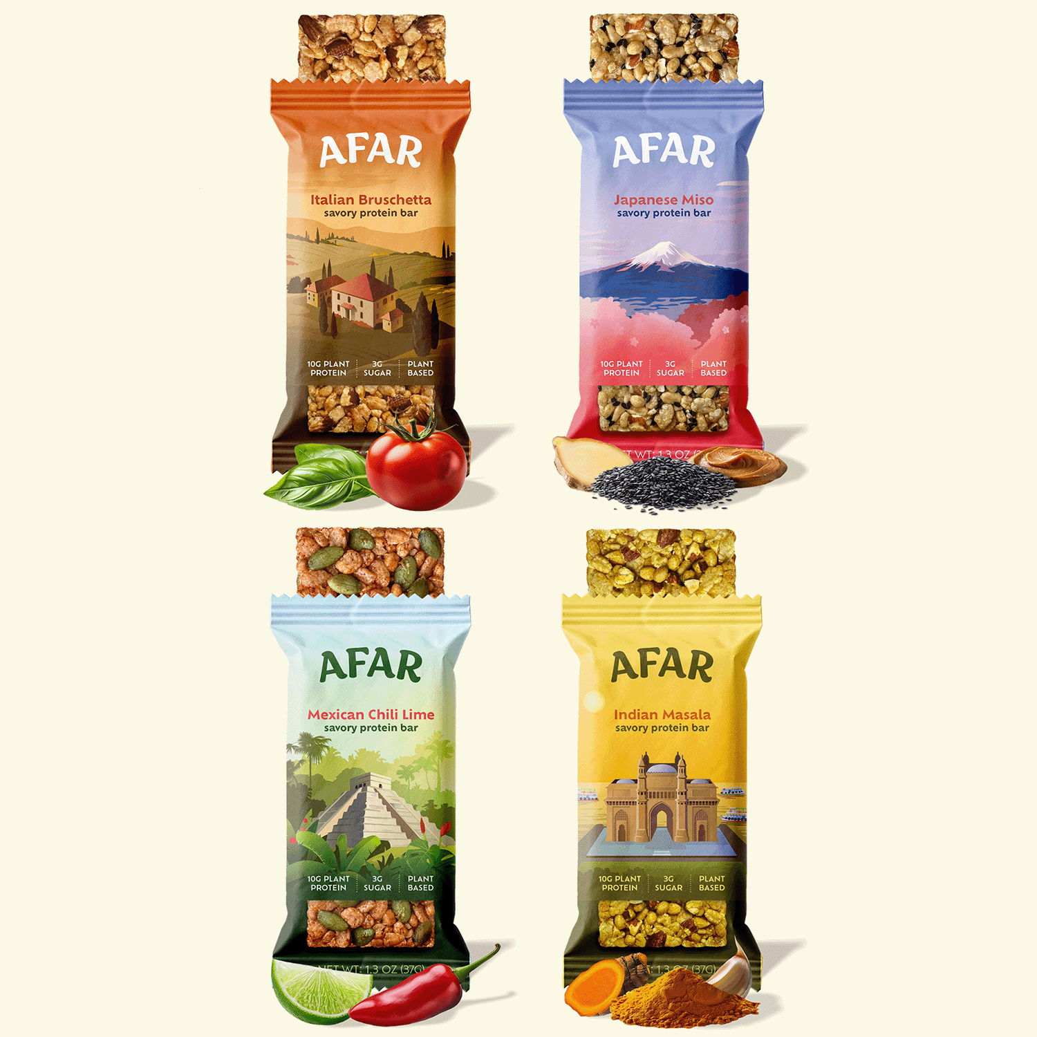 Variety pack of Afar savory protein bars with ingredients
