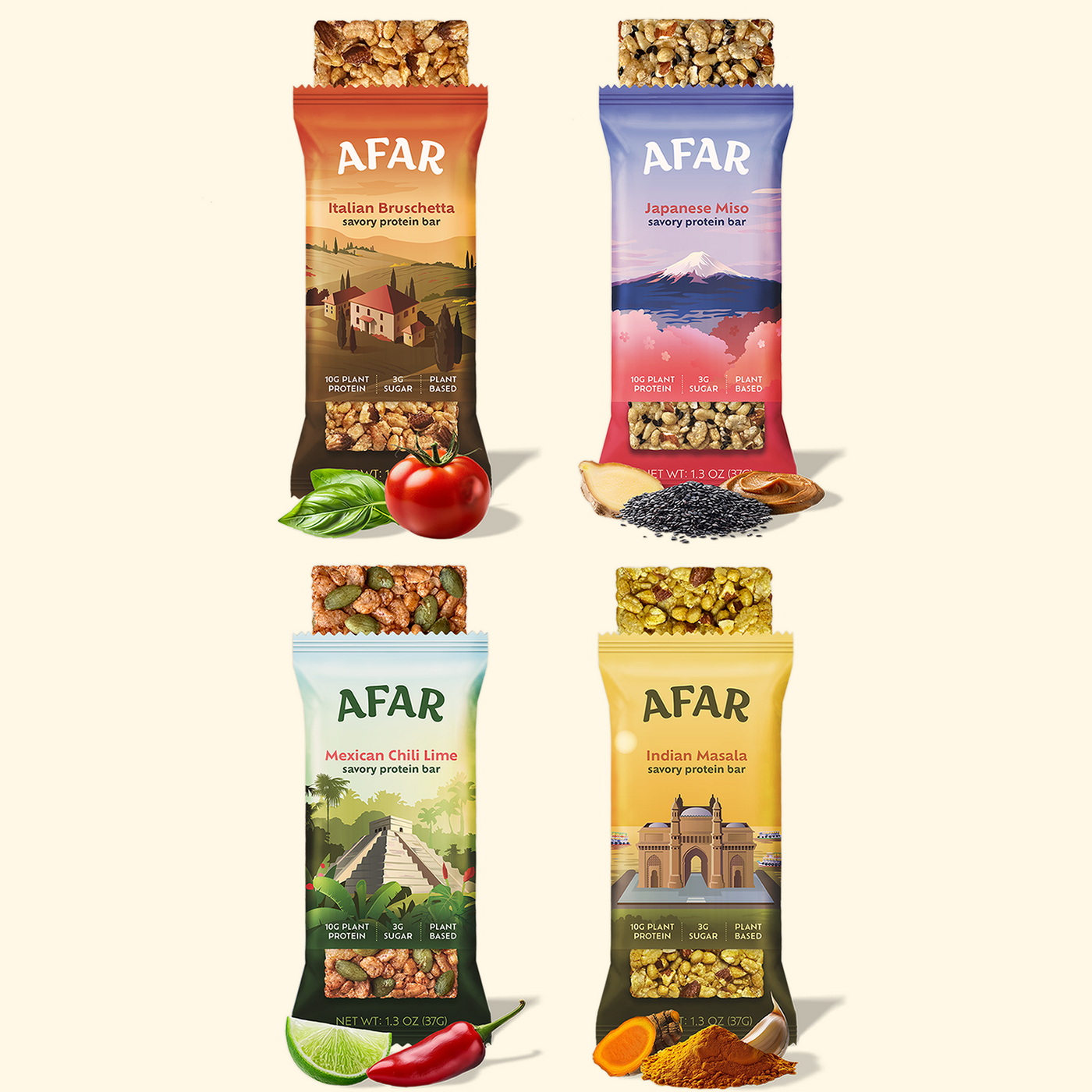 Variety pack of Afar savory protein bars with ingredients