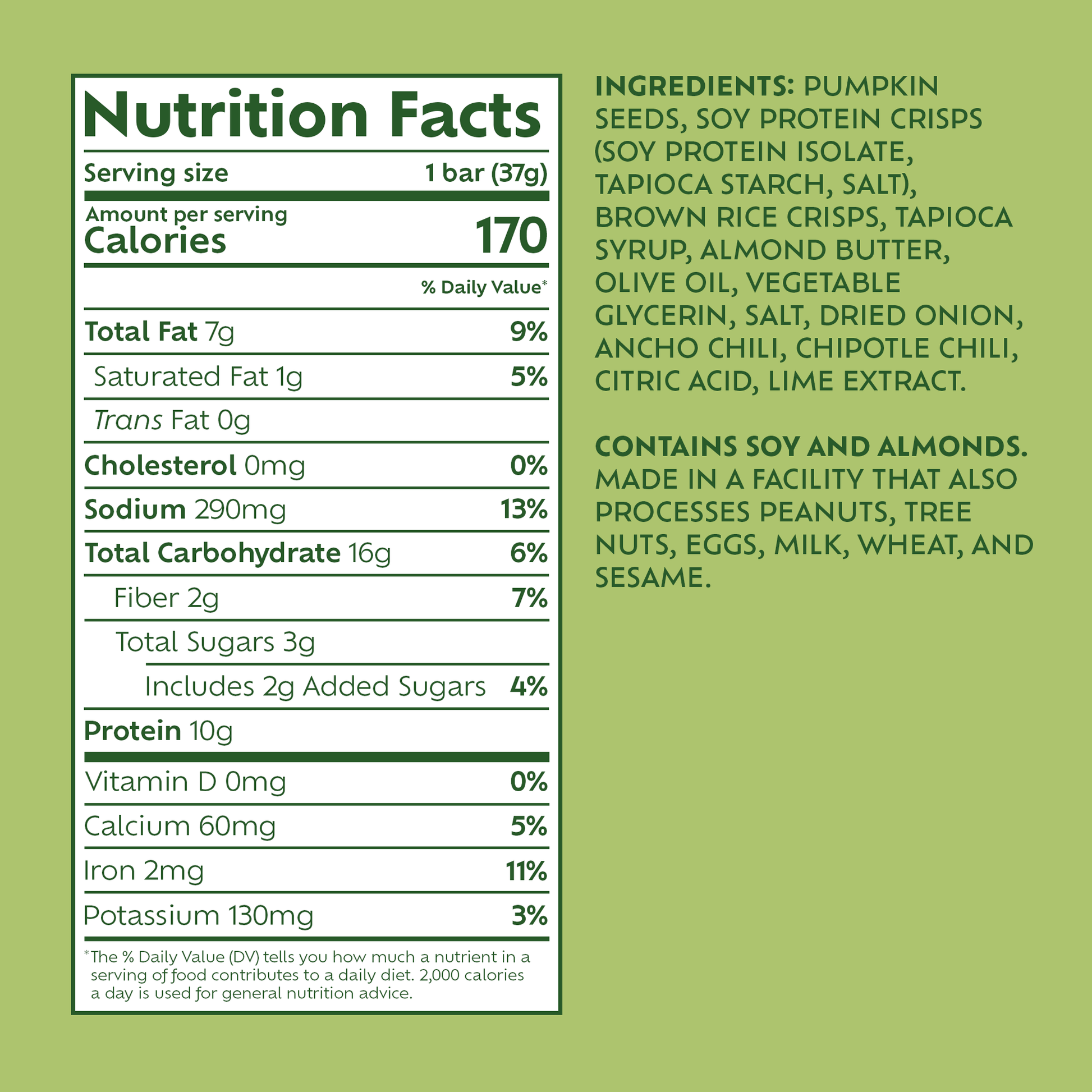 Afar's Chili Lime protein bars have 170 calories, 8g fat, 270mg sodium, 16g carbs, 2g fiber, 3g sugar, and 10g protein each.