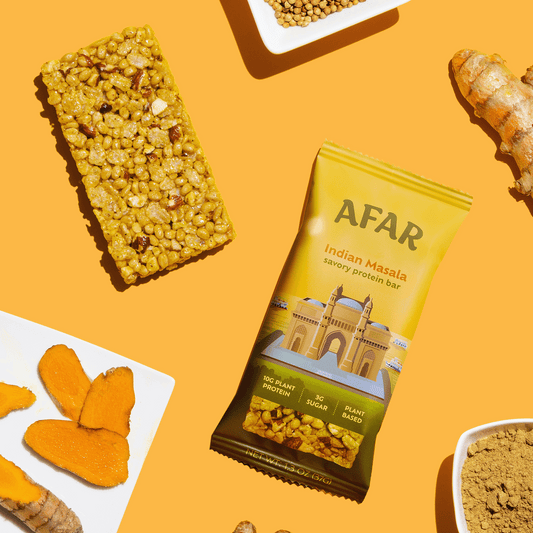 Afar's Indian Masala protein bar is savory, crispy, and low sugar. Each bar is vegan and gluten-free, packing 10g protein and only 3g sugar. They're great to snack on whenever, wherever - in the office, on the road, after a workout, or in place of a meal. The perfect healthy snack for adults!