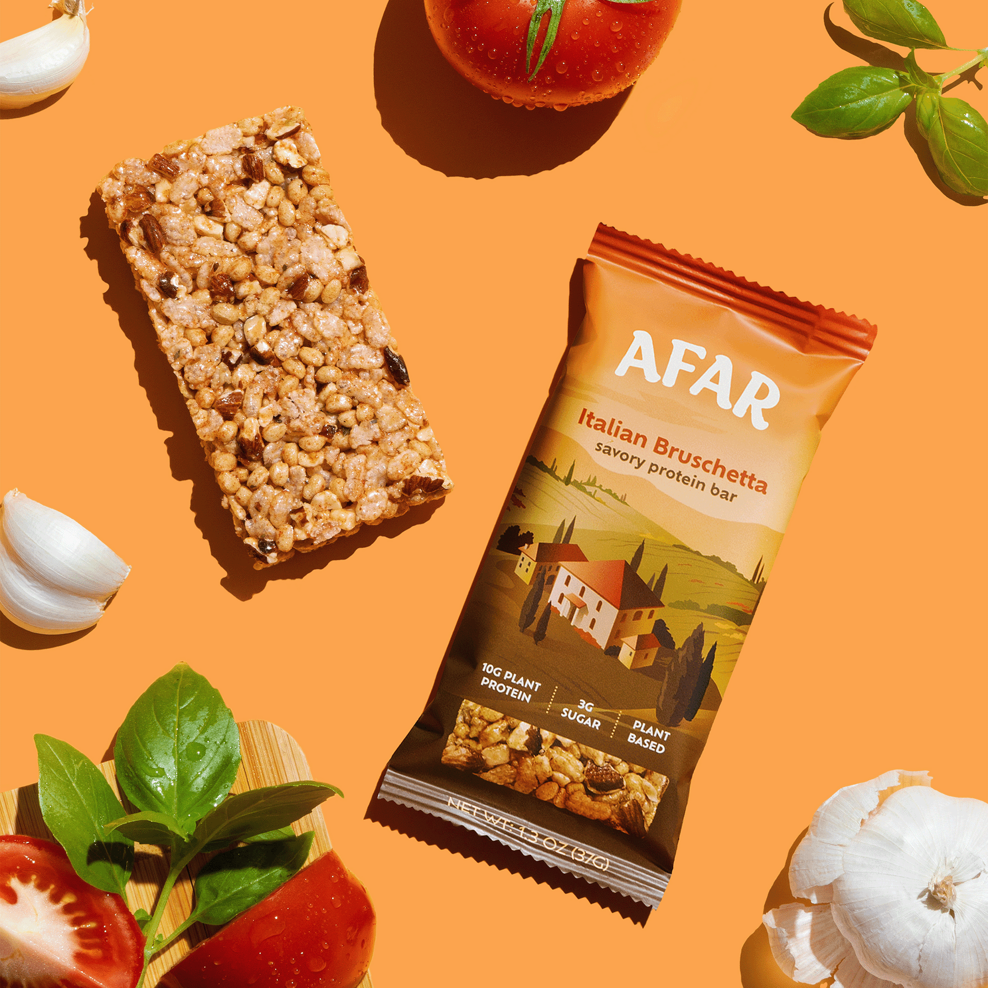 Afar's Italian Bruschetta protein bar is savory, crispy, and low sugar. Each bar is vegan and gluten-free, packing 10g protein and only 3g sugar. They're great to snack on whenever, wherever - in the office, on the road, after a workout, or in place of a meal. The perfect healthy snack for adults!