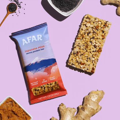 Afar's Japanese Miso protein bar is savory, crispy, and low sugar. Each bar is vegan and gluten-free, packing 10g protein and only 3g sugar. They're great to snack on whenever, wherever - in the office, on the road, after a workout, or in place of a meal. The perfect healthy snack for adults!