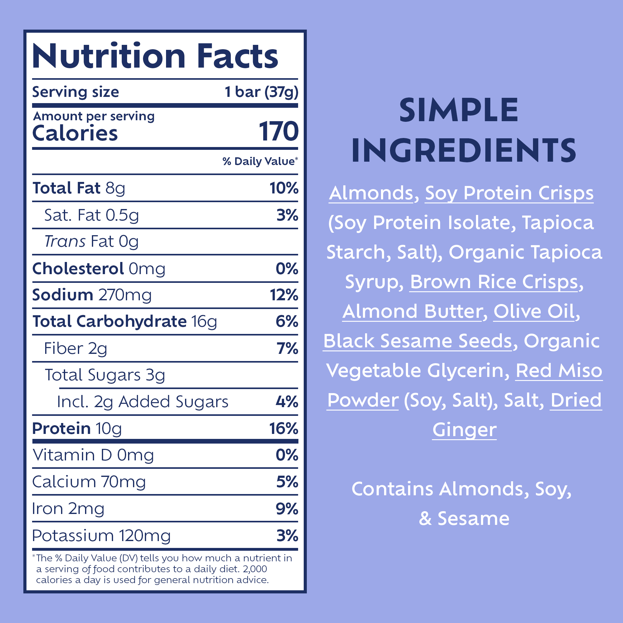 Afar's Japanese Miso protein bars have 170 calories, 8g fat, 270mg sodium, 16g carbs, 2g fiber, 3g sugar, and 10g protein each.