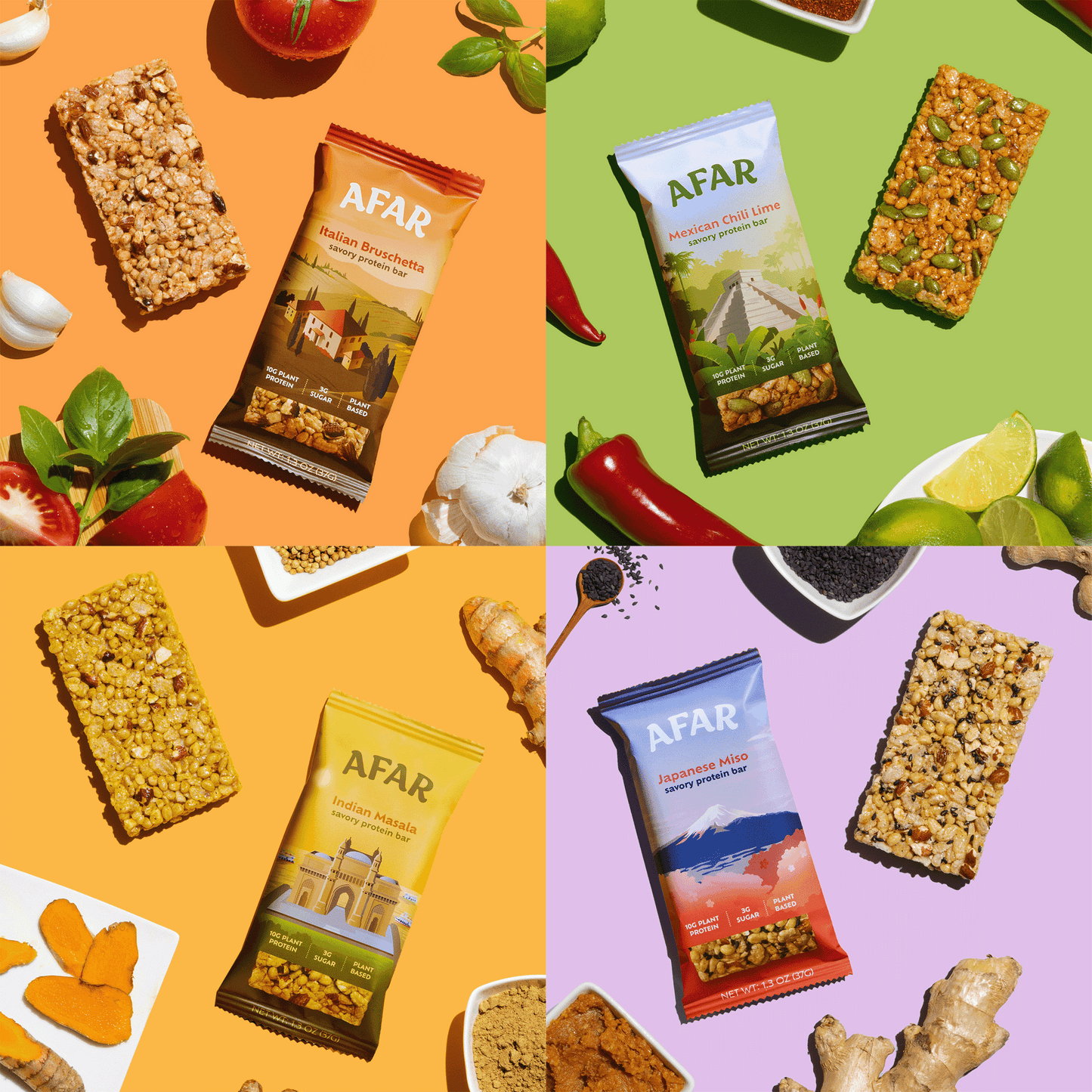Afar savory protein bars are savory, crispy, and low sugar. Each bar is vegan and gluten-free, packing 10g protein and only 3g sugar. They're great to snack on whenever, wherever - in the office, on the road, after a workout, or in place of a meal. The perfect healthy snack for adults!