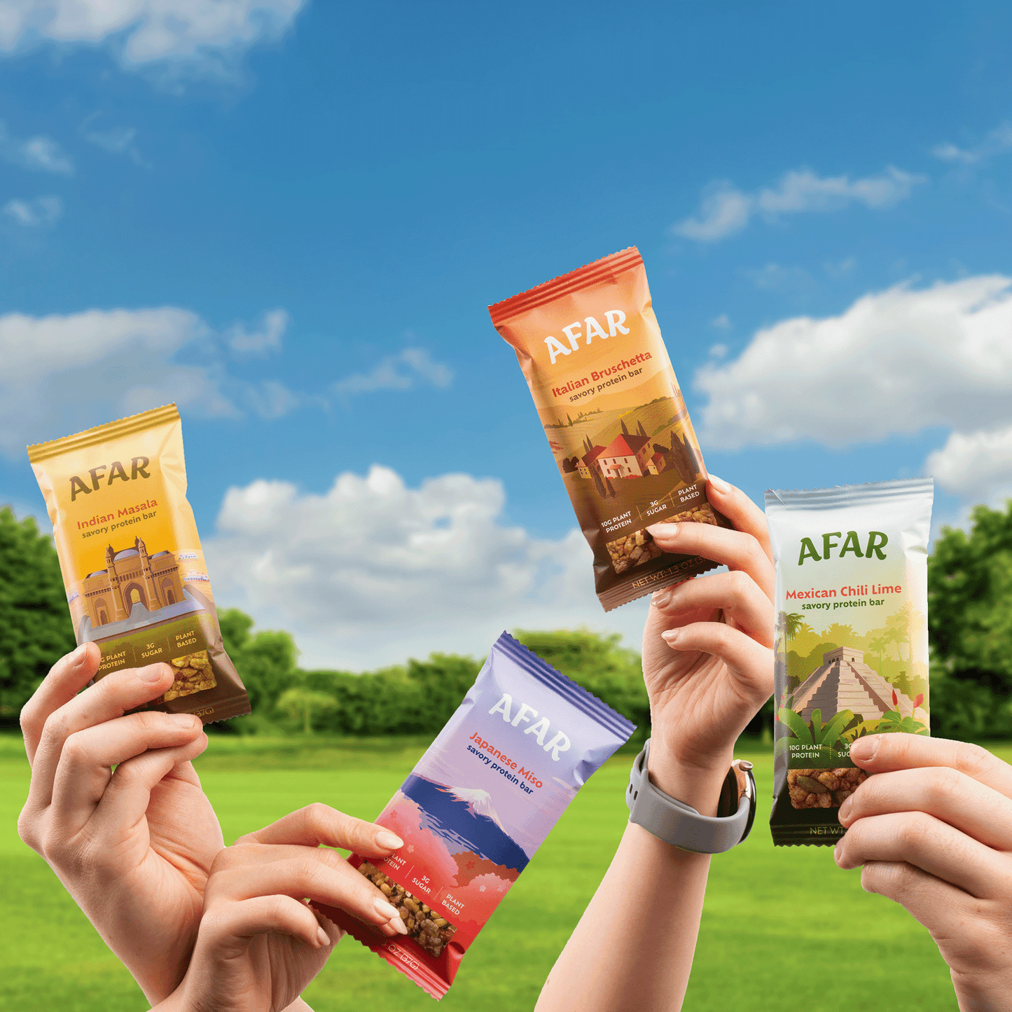 Afar savory protein bars are made with clean, plant-based ingredients like nuts, seeds, brown rice crisps, soy crisps, and spices and herbs. They’re grain-free, dairy-free, and contain no artificial flavors or colors. They're naturally low in sugar - free of the stevia, sugar alcohols, and artificial sweeteners in other low sugar bars.