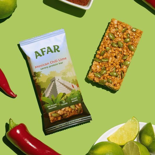 Afar's Mexican Chili Lime protein bar is savory, crispy, and low sugar. Each bar is vegan and gluten-free, packing 10g protein and only 3g sugar. They're great to snack on whenever, wherever - in the office, on the road, after a workout, or in place of a meal. The perfect healthy snack for adults!