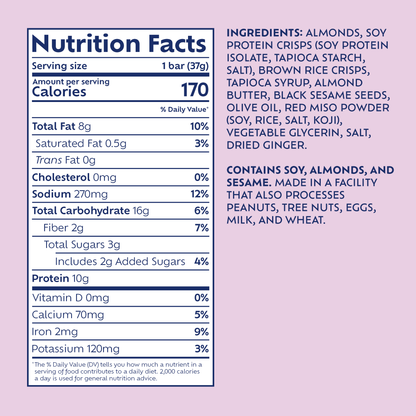 Afar's Japanese Miso protein bars have 170 calories, 8g fat, 270mg sodium, 16g carbs, 2g fiber, 3g sugar, and 10g protein each.