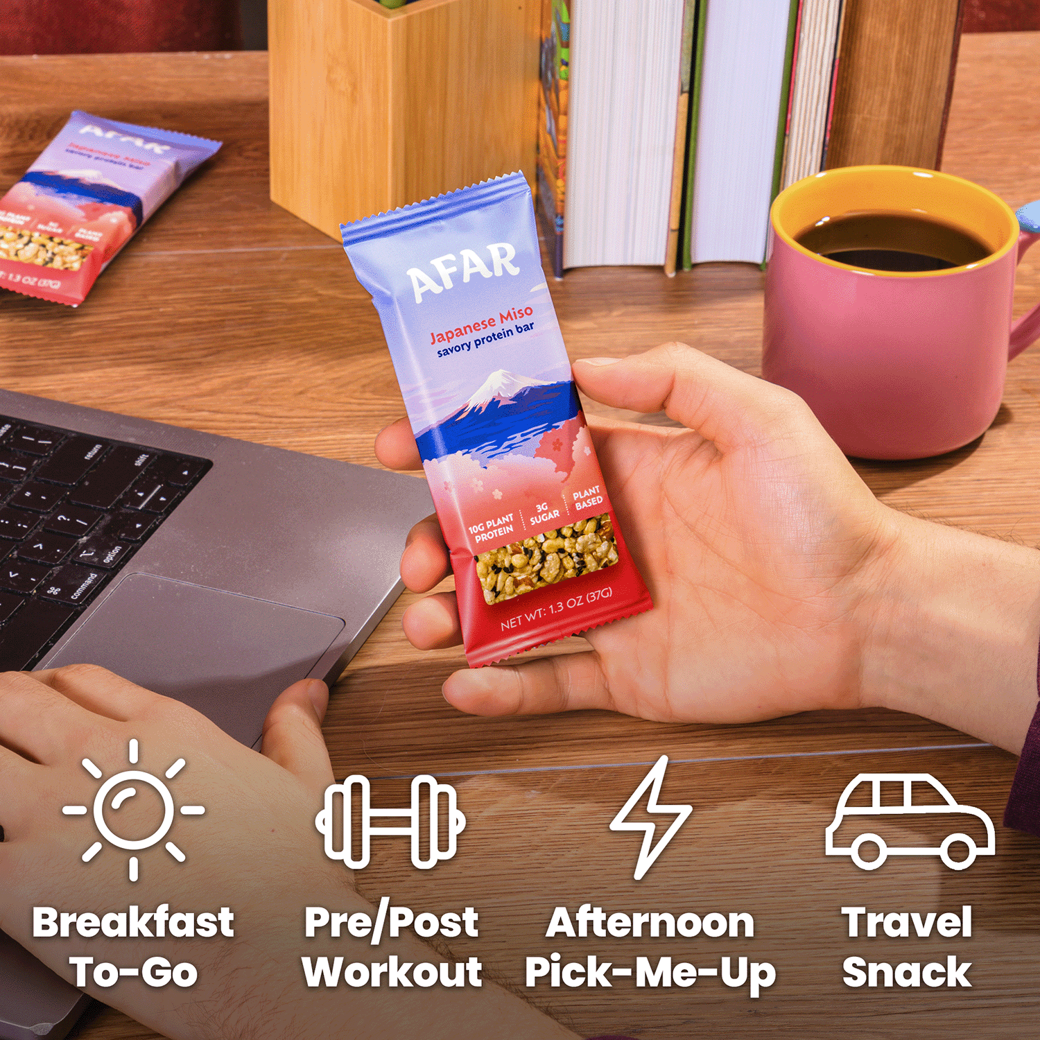 Variety pack of Afar savory protein bars, ways to snack: breakfast to-go, pre/post workout, afternoon pick-me-up, travel snack